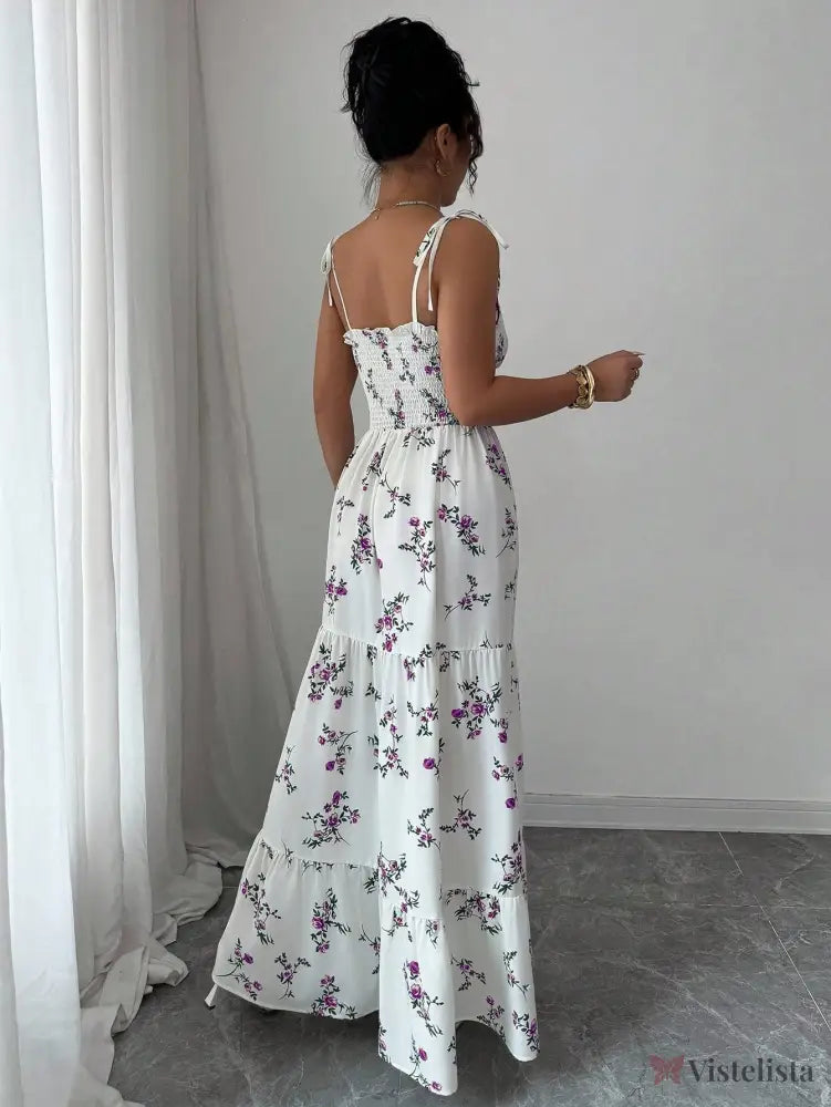 Vestido Longo Estampado Floral Com Alças Finas Ajustáveis Vestido Longo Estampado Floral Com Alças Finas Ajustáveis