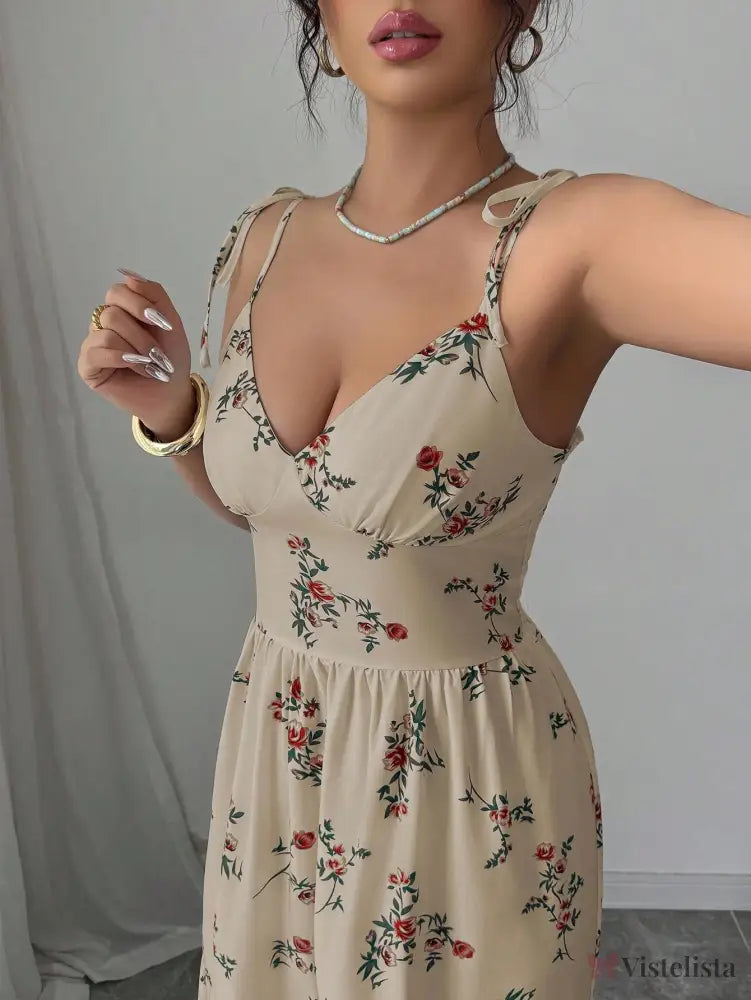 Vestido Longo Estampado Floral Com Alças Finas Ajustáveis Vestido Longo Estampado Floral Com Alças Finas Ajustáveis