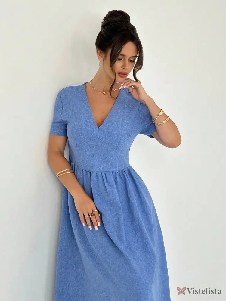 Vestido Longo Evasê Decote V Com Cintura Marcada Vestido Longo Evasê Decote V Com Cintura Marcada