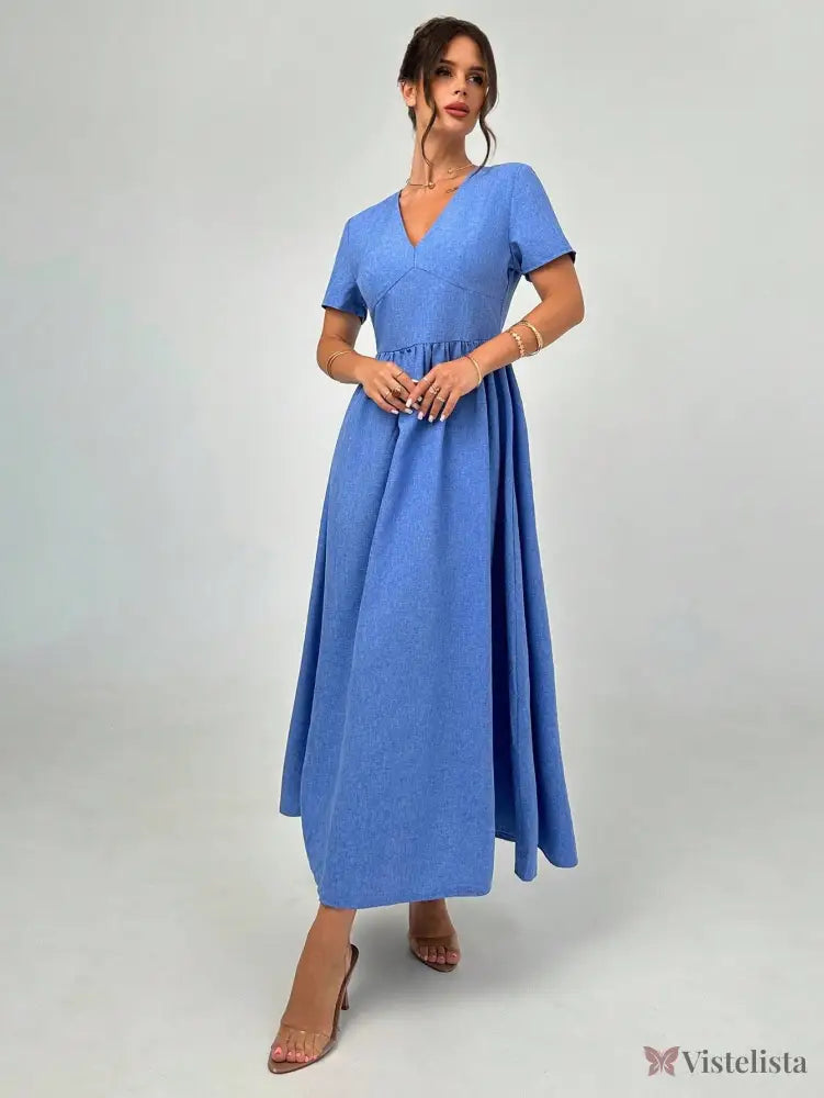 Vestido Longo Evasê Decote V Com Cintura Marcada Vestido Longo Evasê Decote V Com Cintura Marcada