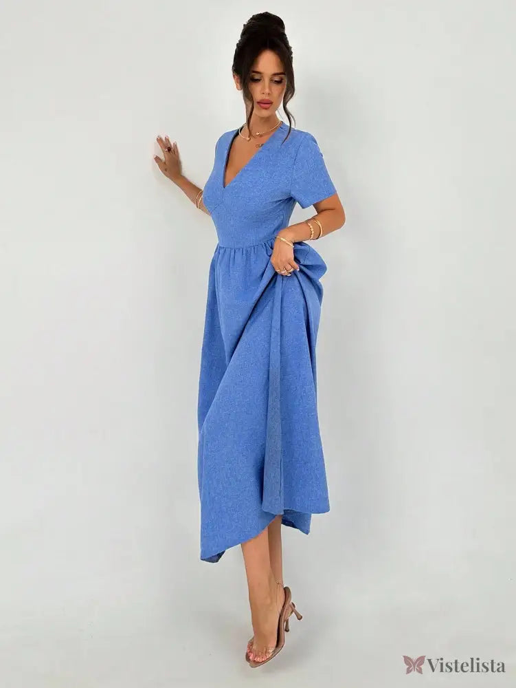 Vestido Longo Evasê Decote V Com Cintura Marcada Vestido Longo Evasê Decote V Com Cintura Marcada