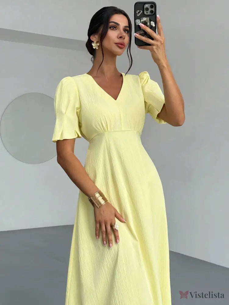 Vestido Longo Evasê Decote V Manga Curta Bufante Vestido Longo Evasê Decote V Manga Curta Bufante