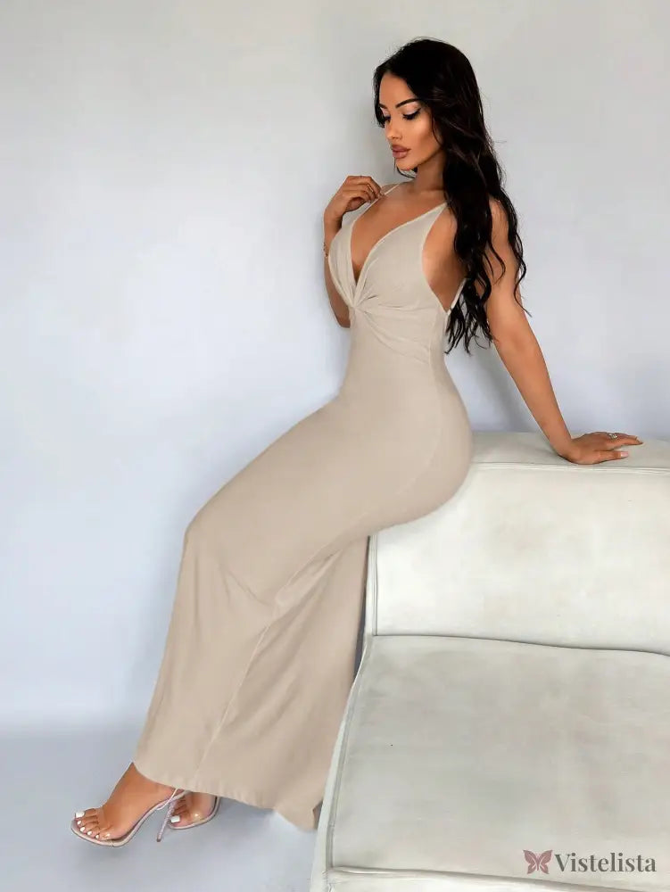 Vestido Longo Justo Elegante Decote Profundo Costas Abertas Vestido Longo Justo Elegante Decote Profundo Costas Abertas