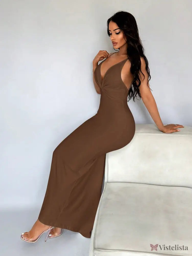 Vestido Longo Justo Elegante Decote Profundo Costas Abertas Vestido Longo Justo Elegante Decote Profundo Costas Abertas