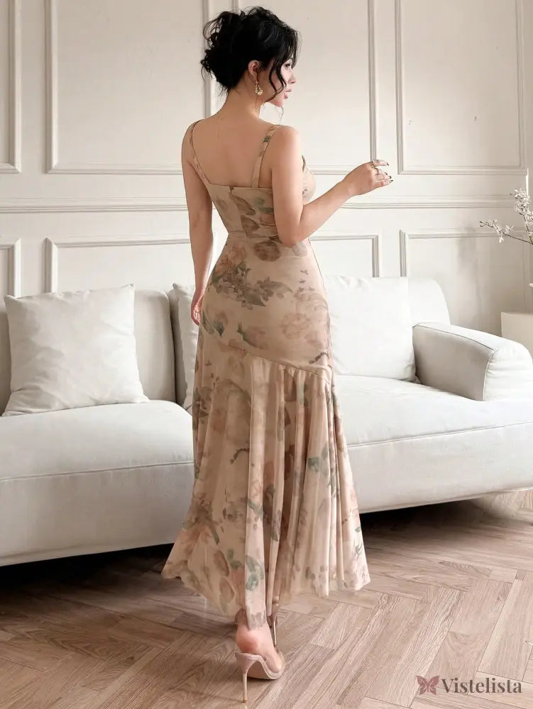 Vestido Longo Justo Floral Decote V Profundo Vestido Longo Justo Floral Decote V Profundo