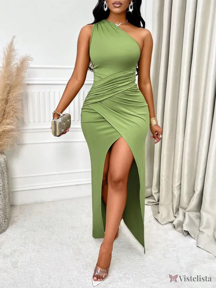 Vestido Longo Justo Um Ombro Só Com Fenda Sofisticada Vestido Longo Justo Um Ombro Só Com Fenda Sofisticada