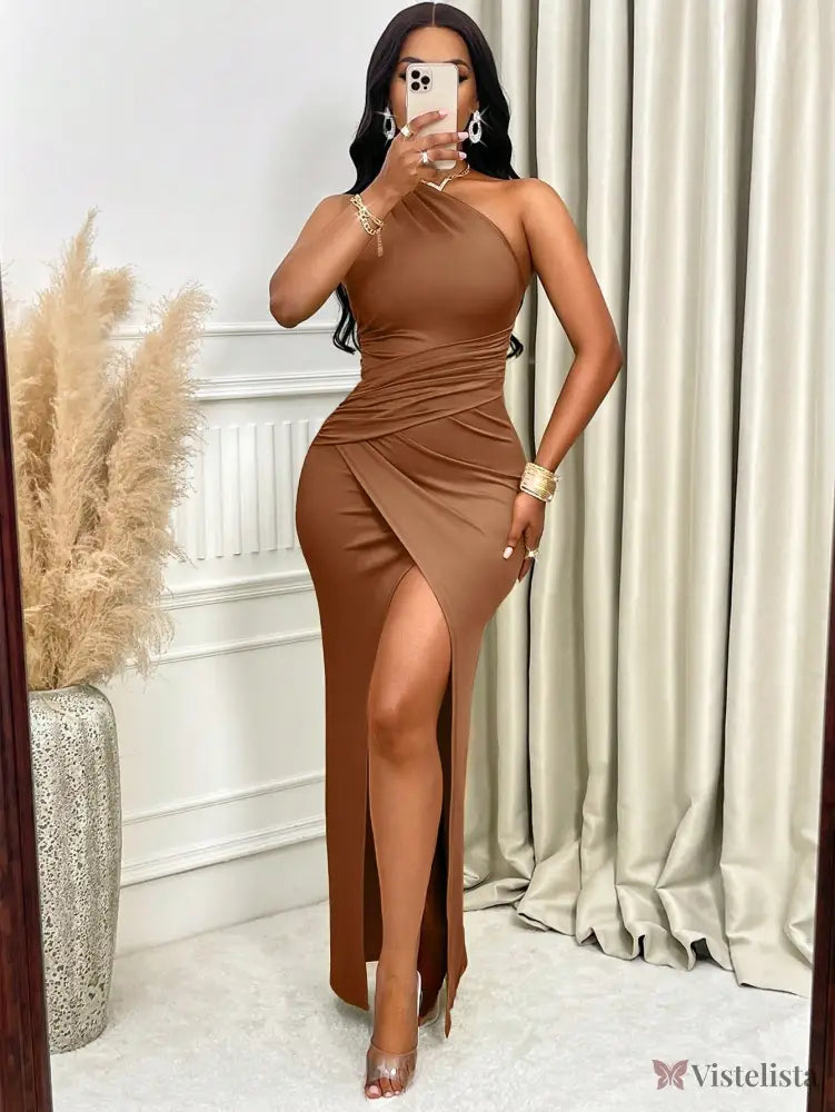 Vestido Longo Justo Um Ombro Só Com Fenda Sofisticada Vestido Longo Justo Um Ombro Só Com Fenda Sofisticada