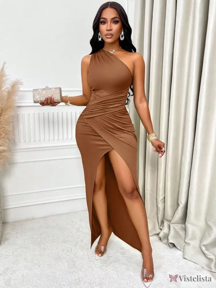 Vestido Longo Justo Um Ombro Só Com Fenda Sofisticada Vestido Longo Justo Um Ombro Só Com Fenda Sofisticada