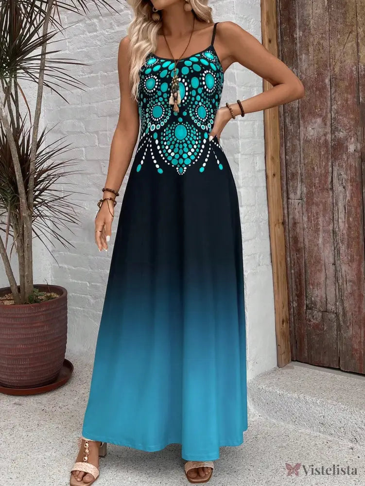 Vestido Longo Ombre Com Estampa Boho E Alças Finas Vestido Longo Ombre Com Estampa Boho E Alças Finas