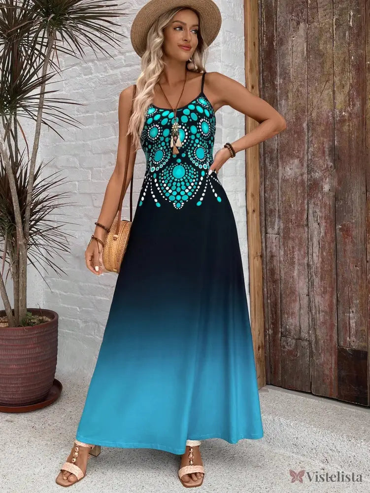 Vestido Longo Ombre Com Estampa Boho E Alças Finas Vestido Longo Ombre Com Estampa Boho E Alças Finas