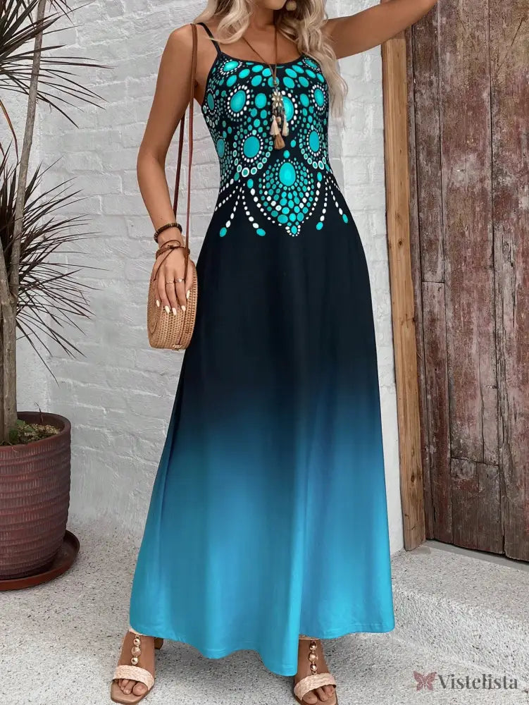 Vestido Longo Ombre Com Estampa Boho E Alças Finas Vestido Longo Ombre Com Estampa Boho E Alças Finas