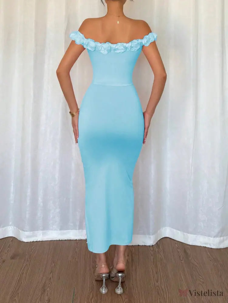 Vestido Longo Ombro a Ombro Com Pérolas e Flores Vestido Longo Ombro a Ombro Com Pérolas e Flores