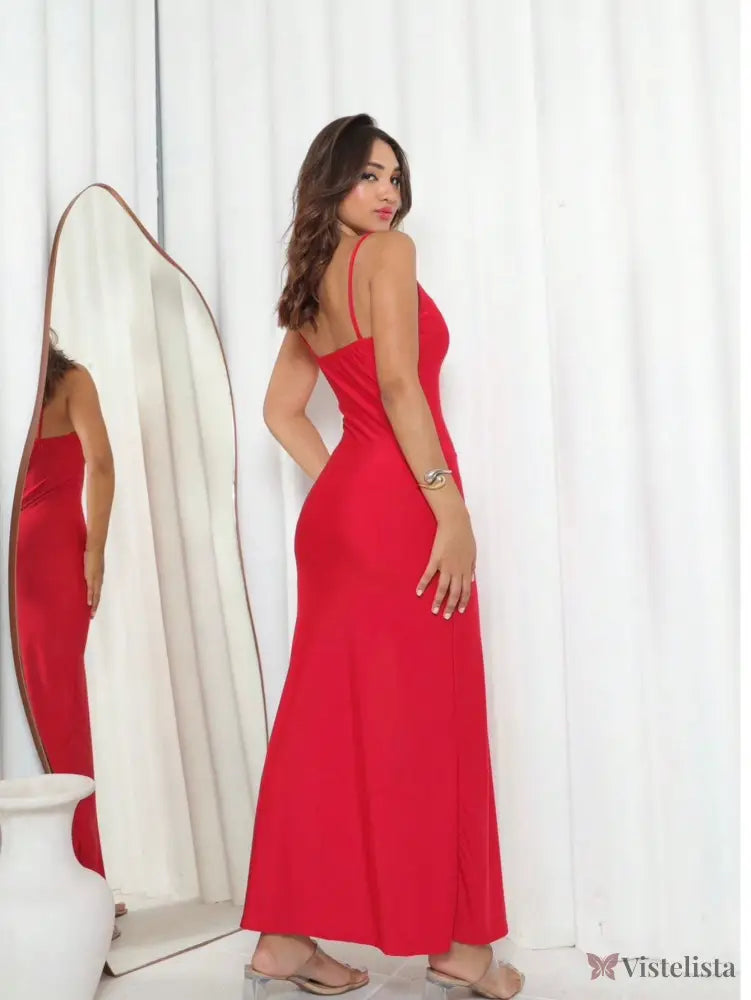 Vestido Longo Slip Dress Elegante Com Fenda Lateral Vestido Longo Slip Dress Elegante Com Fenda Lateral