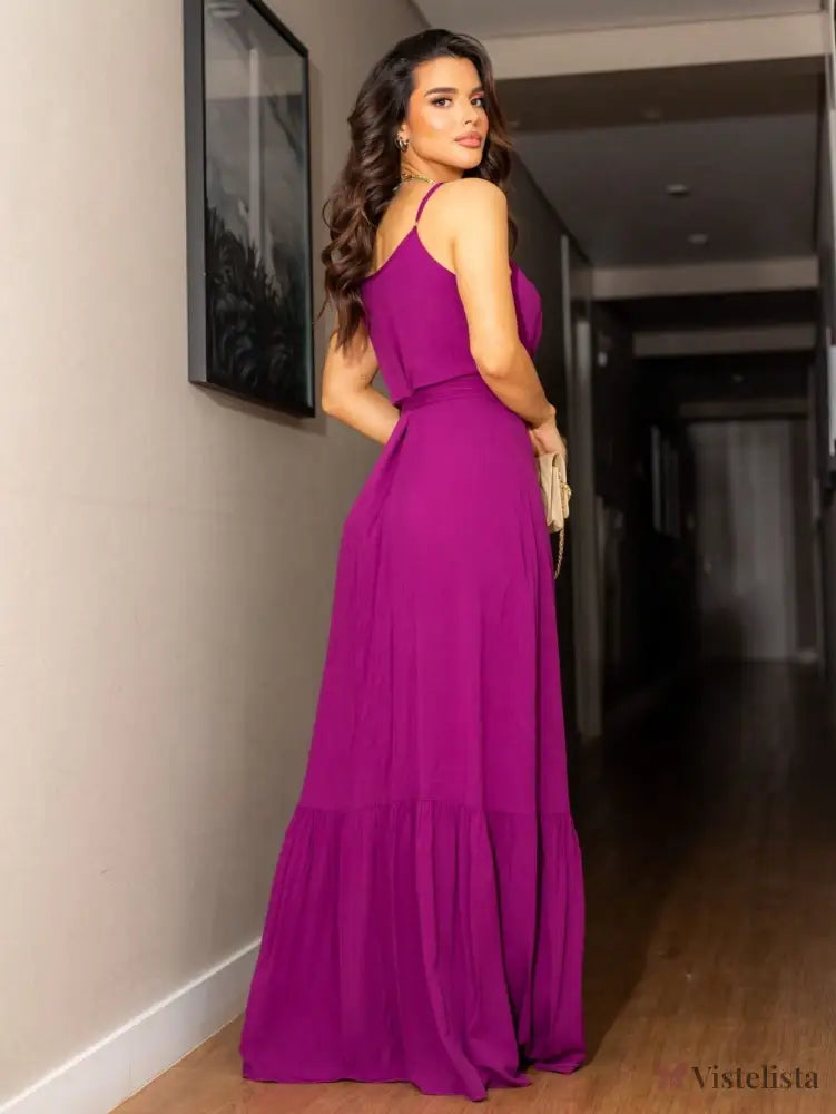 Vestido Longo Transpassado Com Fenda E Amarração Na Cintura Vestido Longo Transpassado Com Fenda E Amarração Na Cintura