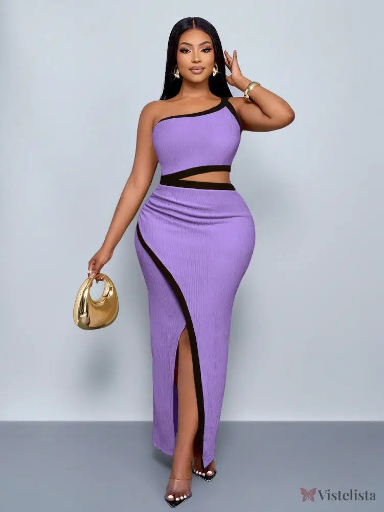 Vestido Longo Um Ombro Só Com Recorte Na Cintura E Fenda Roxo / PP Vestido Longo Um Ombro Só Com Recorte Na Cintura E