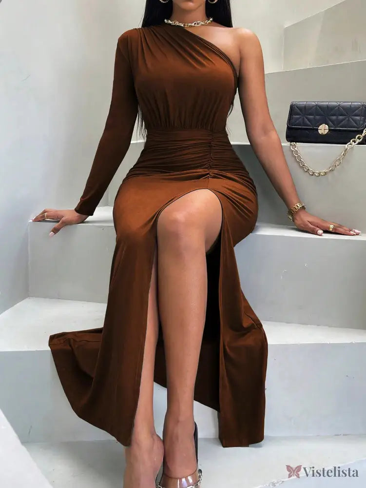 Vestido Longo Um Ombro Só Manga Longa Com Fenda Elegante Vestido Longo Um Ombro Só Manga Longa Com Fenda Elegante