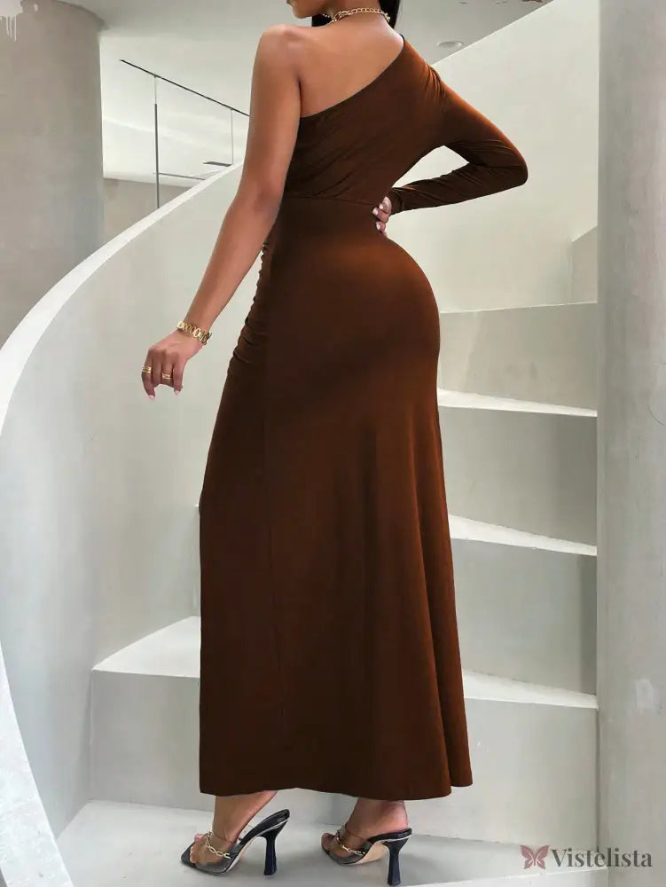 Vestido Longo Um Ombro Só Manga Longa Com Fenda Elegante Vestido Longo Um Ombro Só Manga Longa Com Fenda Elegante