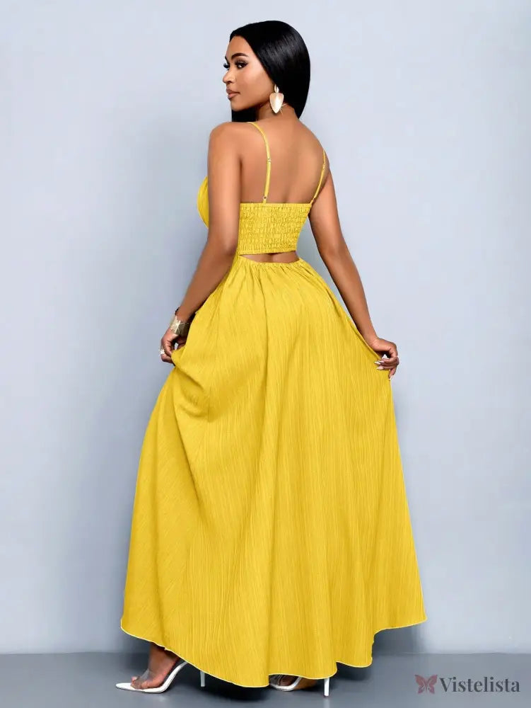 Vestido Longo Verde Com Alças Finas E Cintura Franzida Vestido Longo Verde Com Alças Finas E Cintura Franzida