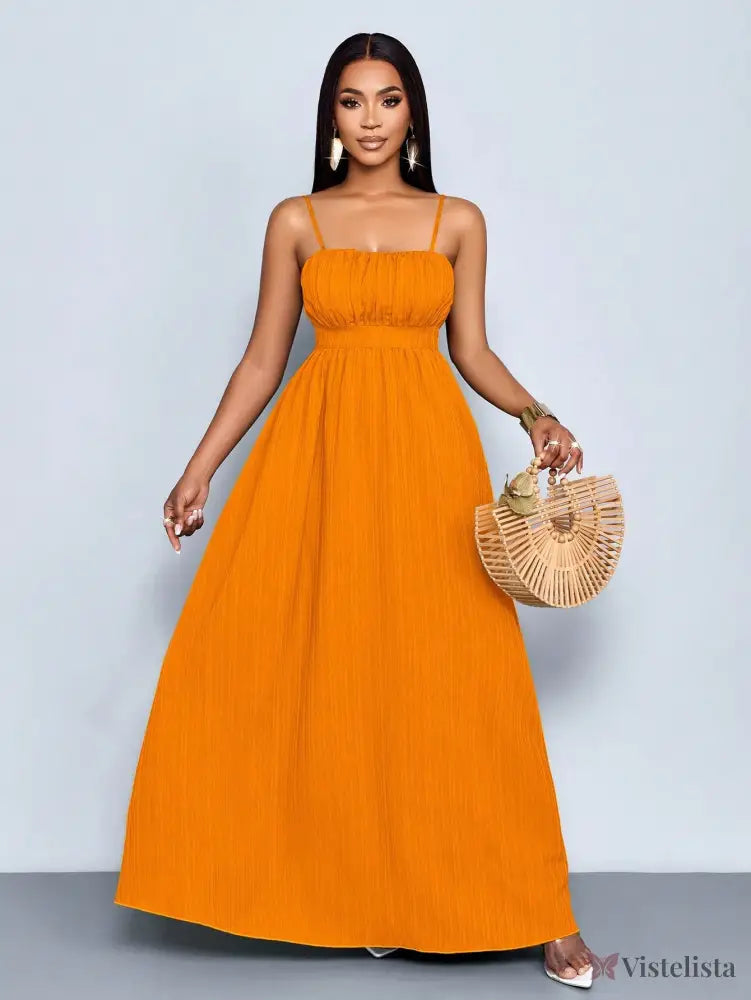 Vestido Longo Verde Com Alças Finas E Cintura Franzida Vestido Longo Verde Com Alças Finas E Cintura Franzida