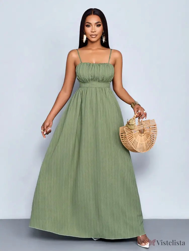 Vestido Longo Verde Com Alças Finas E Cintura Franzida Vestido Longo Verde Com Alças Finas E Cintura Franzida