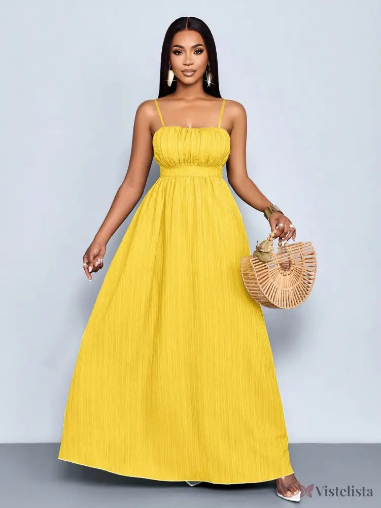 Vestido Longo Verde Com Alças Finas E Cintura Franzida Vestido Longo Verde Com Alças Finas E Cintura Franzida