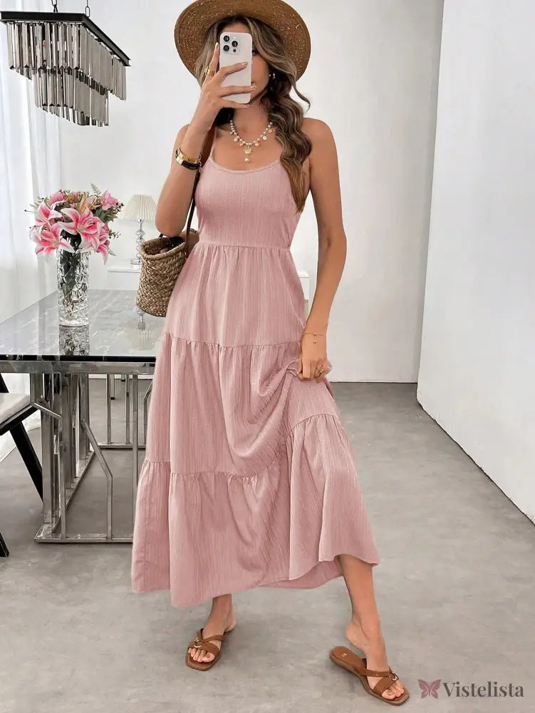 Vestido Longo Verde Com Laço Nas Costas E Camadas Fluídas Vestido Longo Verde Com Laço Nas Costas E Camadas Fluídas