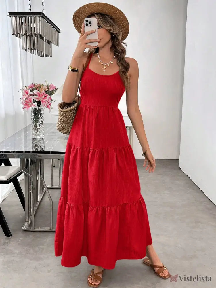 Vestido Longo Verde Com Laço Nas Costas E Camadas Fluídas Vestido Longo Verde Com Laço Nas Costas E Camadas Fluídas