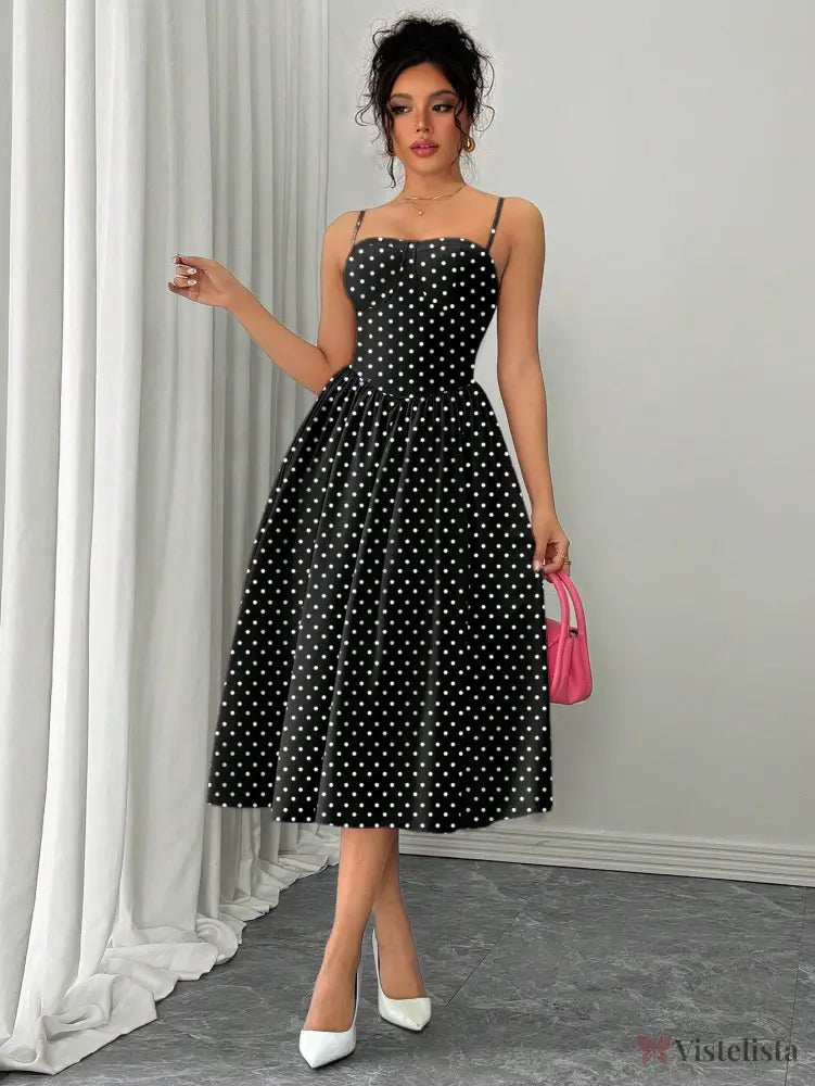 Vestido Midi Acinturado Com Alças Finas E Estampa Poá Vestido Midi Acinturado Com Alças Finas E Estampa Poá