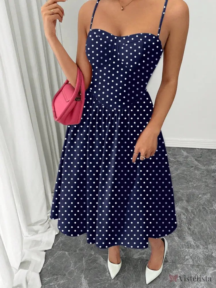 Vestido Midi Acinturado Com Alças Finas E Estampa Poá Vestido Midi Acinturado Com Alças Finas E Estampa Poá