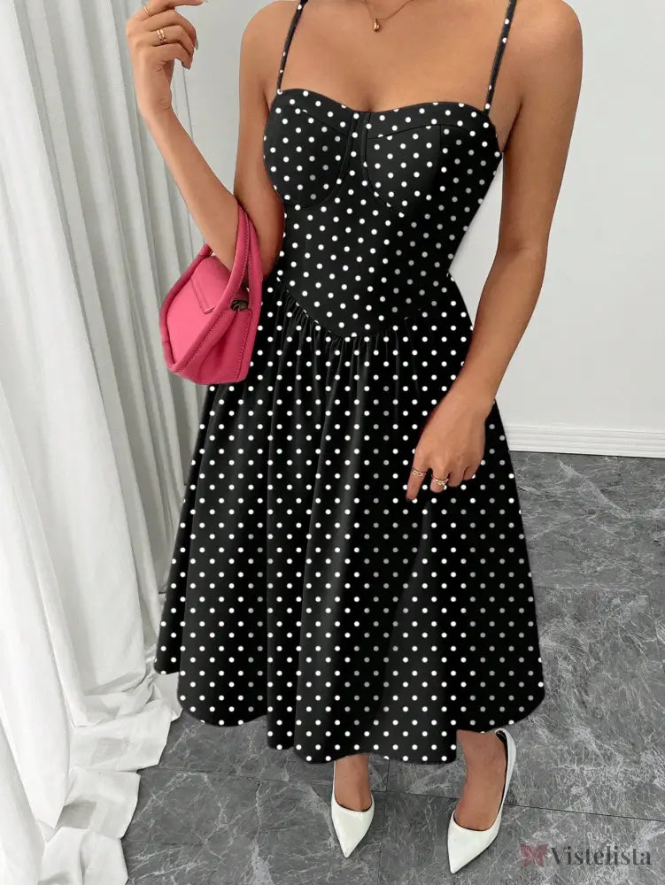 Vestido Midi Acinturado Com Alças Finas E Estampa Poá Vestido Midi Acinturado Com Alças Finas E Estampa Poá