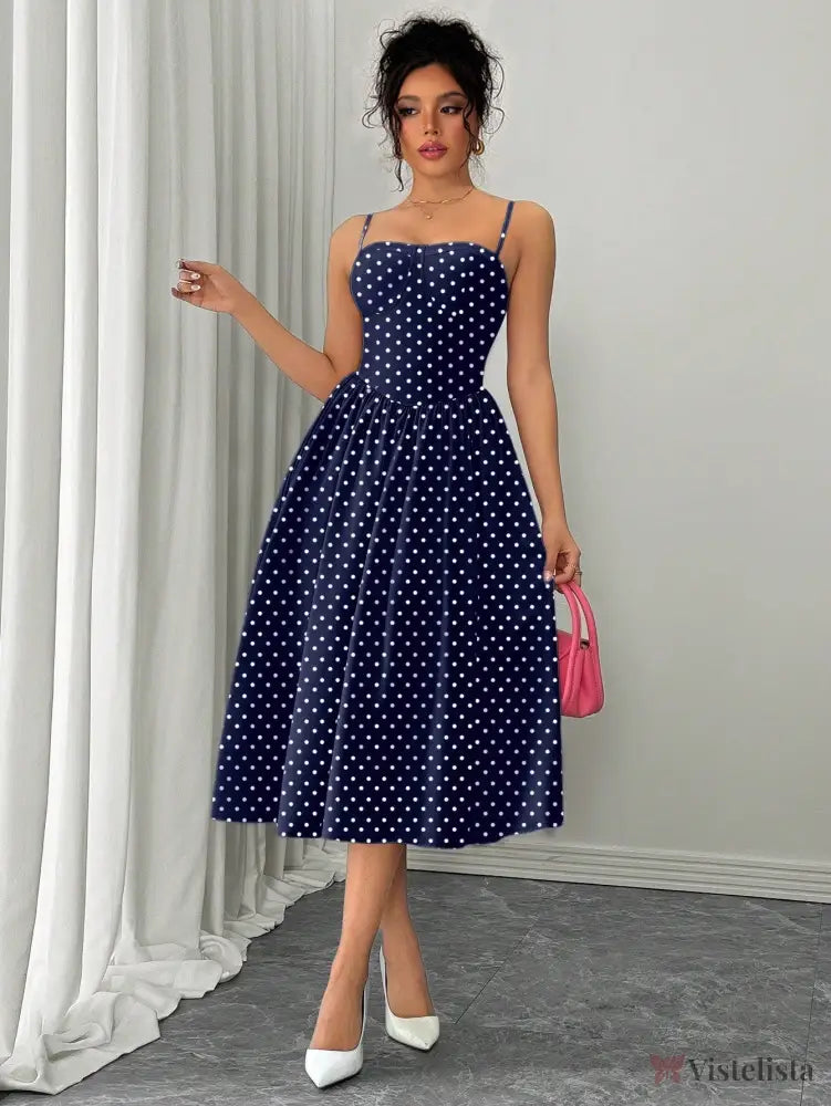 Vestido Midi Acinturado Com Alças Finas E Estampa Poá Vestido Midi Acinturado Com Alças Finas E Estampa Poá