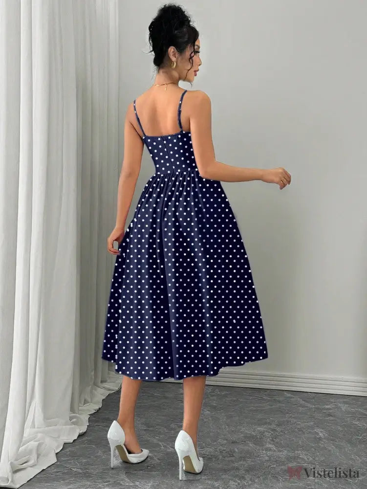 Vestido Midi Acinturado Com Alças Finas E Estampa Poá Vestido Midi Acinturado Com Alças Finas E Estampa Poá