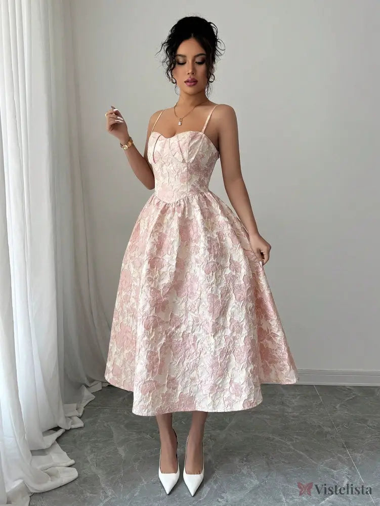 Vestido Midi Acinturado Com Alças Finas Estilo Romântico Vestido Midi Acinturado Com Alças Finas Estilo Romântico