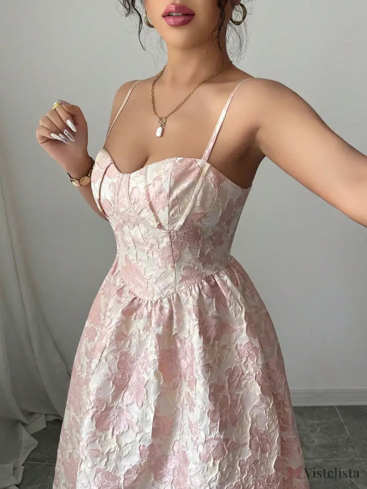 Vestido Midi Acinturado Com Alças Finas Estilo Romântico Vestido Midi Acinturado Com Alças Finas Estilo Romântico