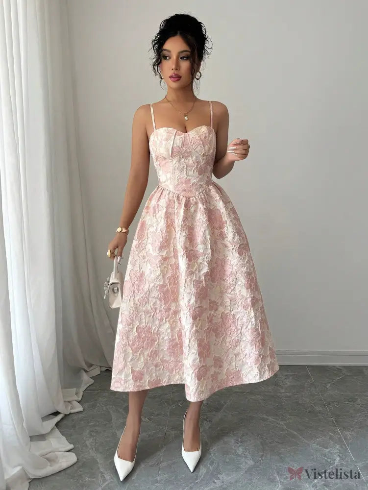 Vestido Midi Acinturado Com Alças Finas Estilo Romântico Vestido Midi Acinturado Com Alças Finas Estilo Romântico