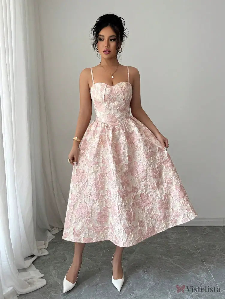 Vestido Midi Acinturado Com Alças Finas Estilo Romântico Vestido Midi Acinturado Com Alças Finas Estilo Romântico