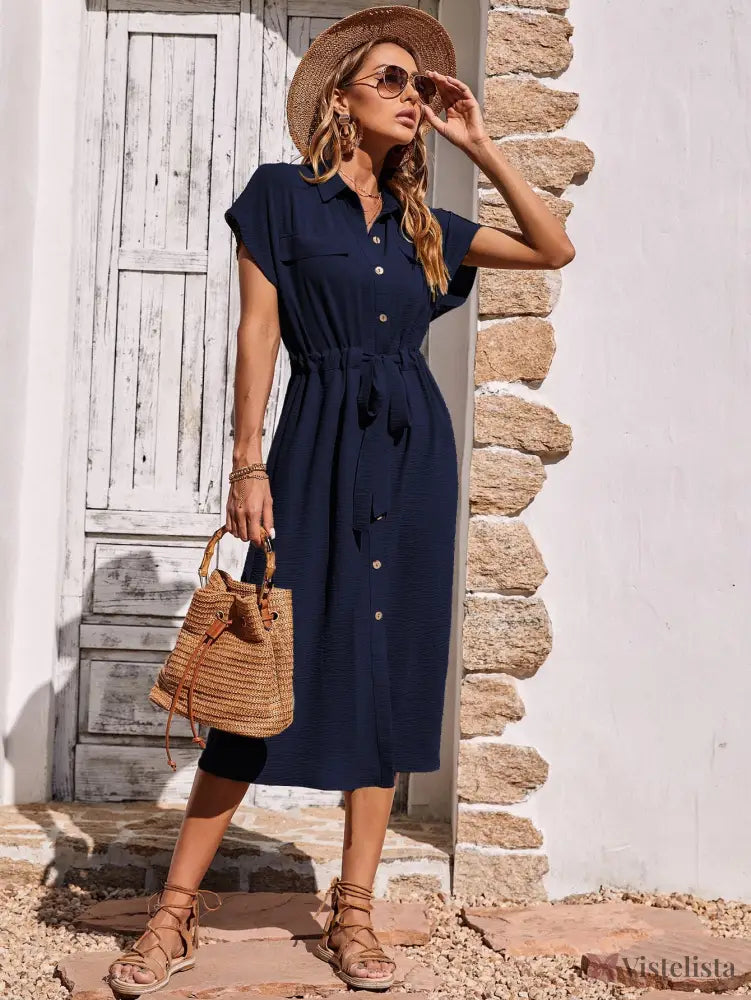 Vestido Midi Camisa Casual Com Cinto Ajustável Vestido Midi Camisa Casual Com Cinto Ajustável