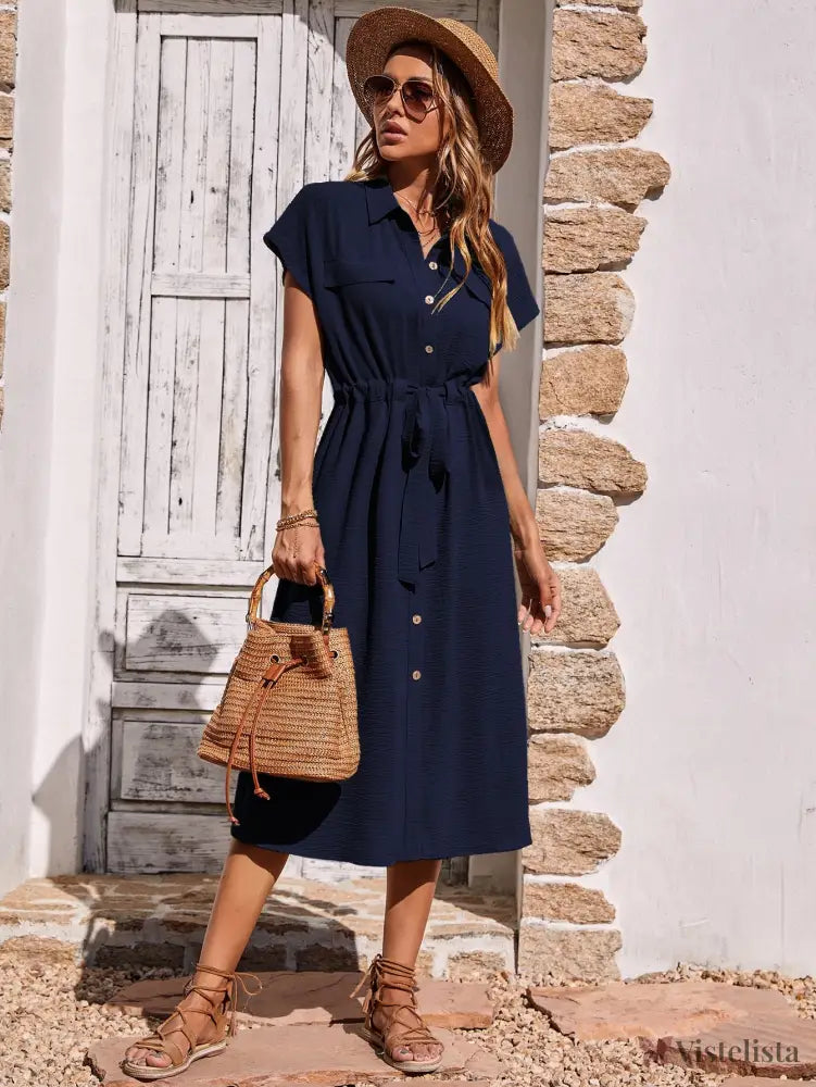 Vestido Midi Camisa Casual Com Cinto Ajustável Vestido Midi Camisa Casual Com Cinto Ajustável