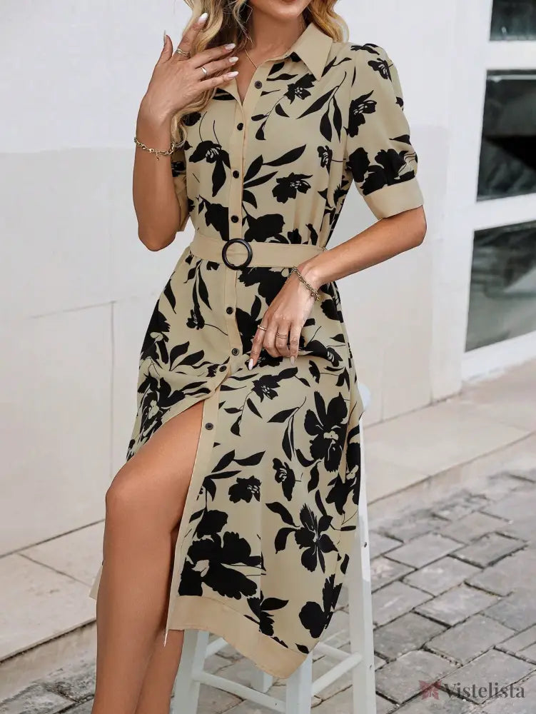 Vestido Midi Camisa Elegante Estampado Com Botões Vestido Midi Camisa Elegante Estampado Com Botões
