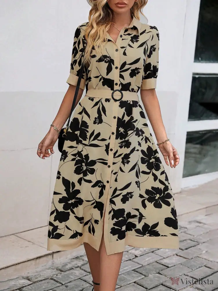 Vestido Midi Camisa Elegante Estampado Com Botões Vestido Midi Camisa Elegante Estampado Com Botões