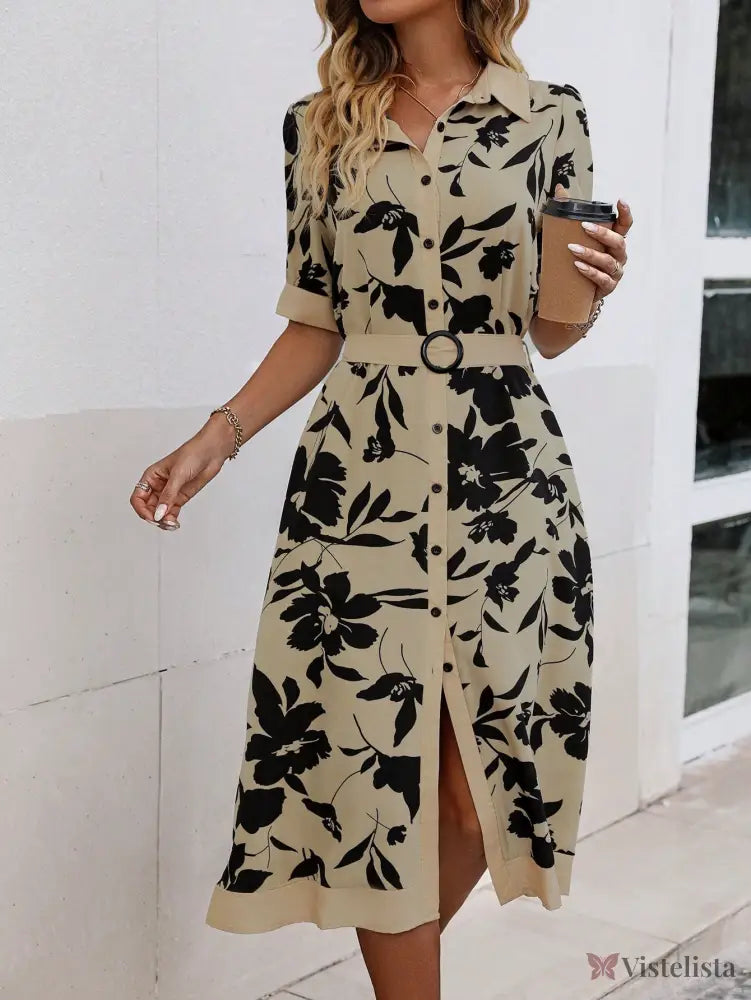 Vestido Midi Camisa Elegante Estampado Com Botões Vestido Midi Camisa Elegante Estampado Com Botões