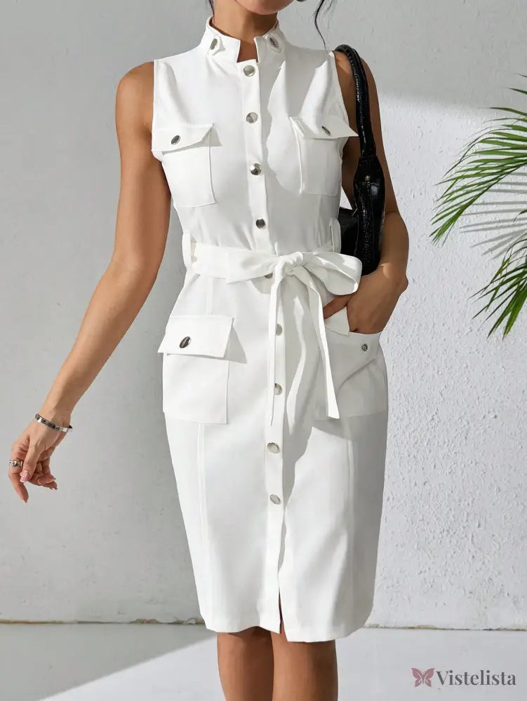 Vestido Midi Camisa Sem Manga Com Cinto Ajustável Vestido Midi Camisa Sem Manga Com Cinto Ajustável