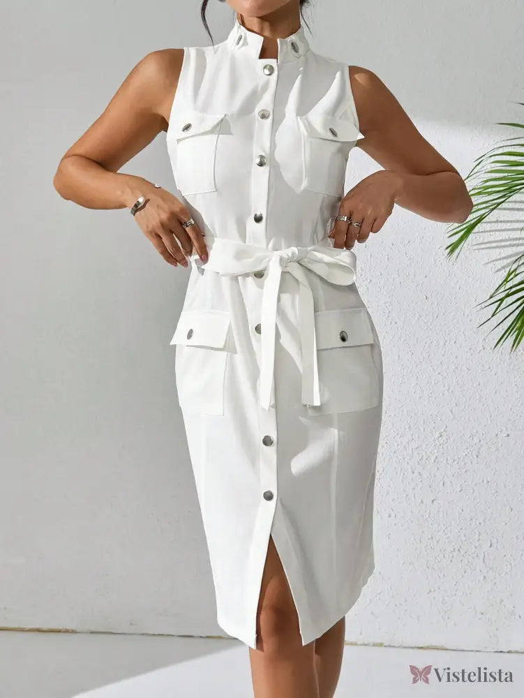 Vestido Midi Camisa Sem Manga Com Cinto Ajustável Vestido Midi Camisa Sem Manga Com Cinto Ajustável