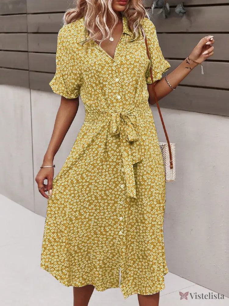 Vestido Midi Chemise Estampado Com Amarração Na Cintura Vestido Midi Chemise Estampado Com Amarração Na Cintura