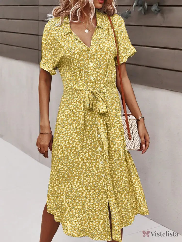 Vestido Midi Chemise Estampado Com Amarração Na Cintura Vestido Midi Chemise Estampado Com Amarração Na Cintura