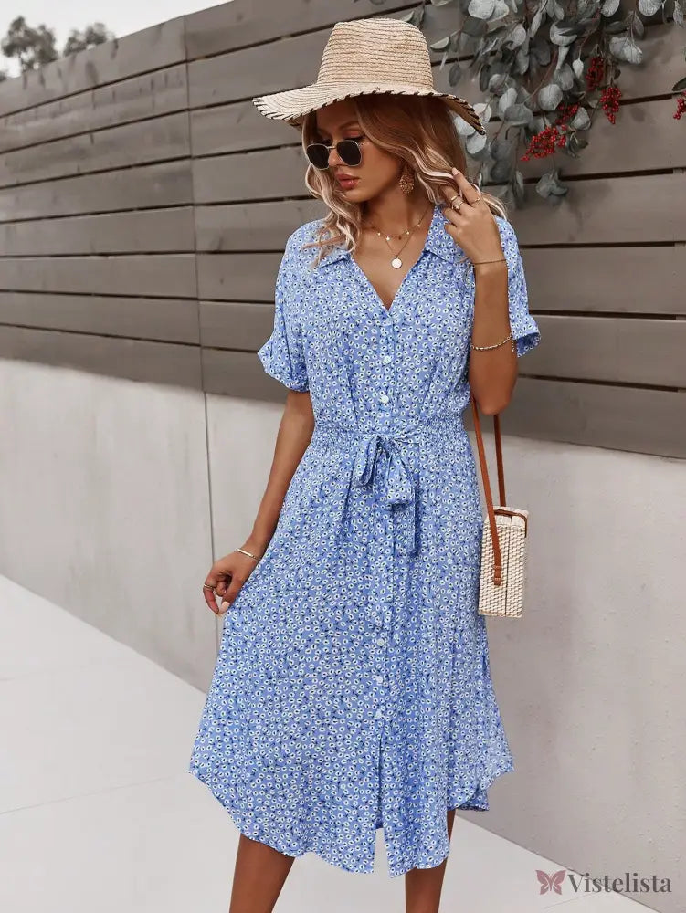 Vestido Midi Chemise Estampado Com Amarração Na Cintura Vestido Midi Chemise Estampado Com Amarração Na Cintura