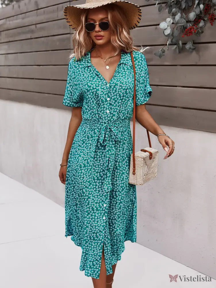Vestido Midi Chemise Estampado Com Amarração Na Cintura Vestido Midi Chemise Estampado Com Amarração Na Cintura