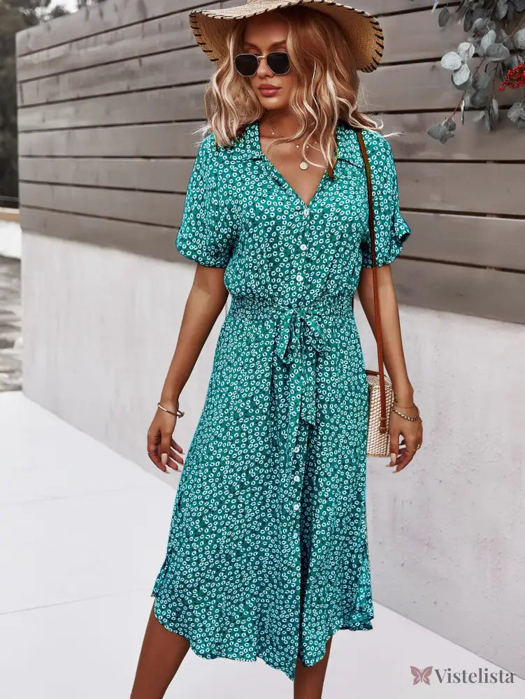 Vestido Midi Chemise Estampado Com Amarração Na Cintura Vestido Midi Chemise Estampado Com Amarração Na Cintura
