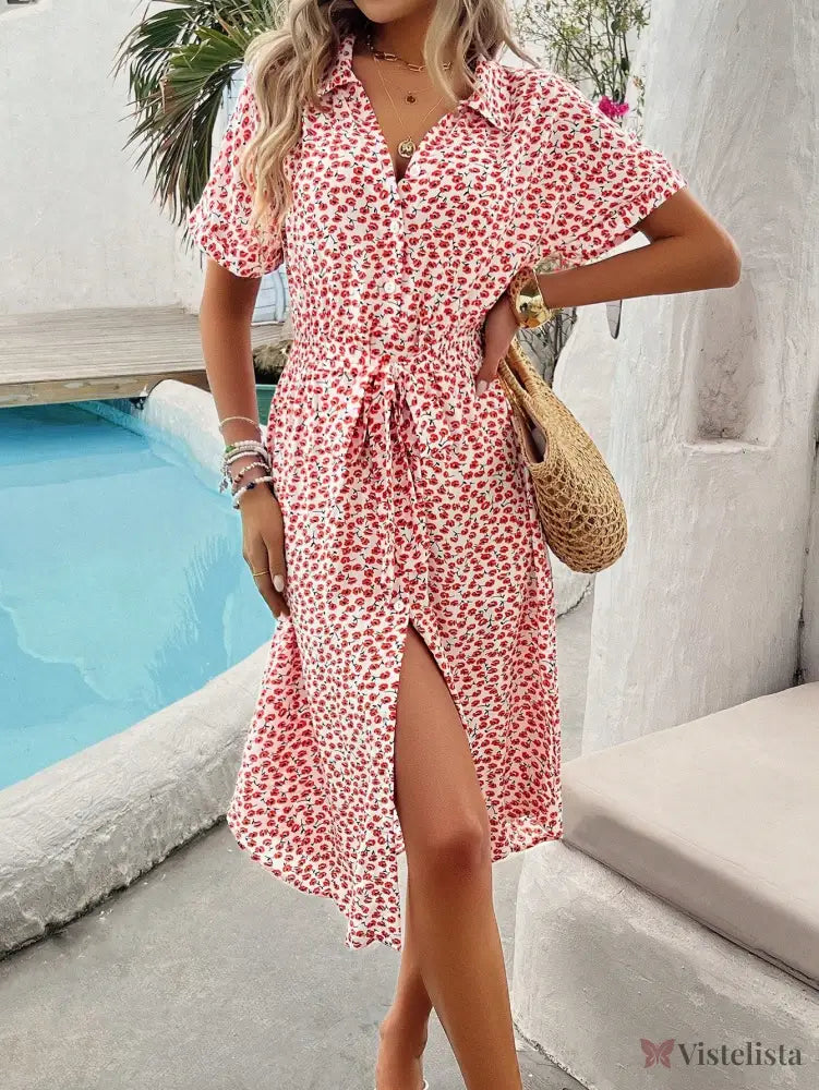 Vestido Midi Chemise Estampado Com Amarração Na Cintura Vestido Midi Chemise Estampado Com Amarração Na Cintura