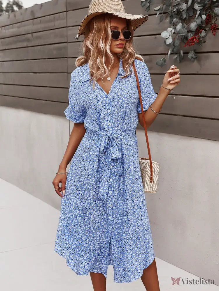 Vestido Midi Chemise Estampado Com Amarração Na Cintura Vestido Midi Chemise Estampado Com Amarração Na Cintura